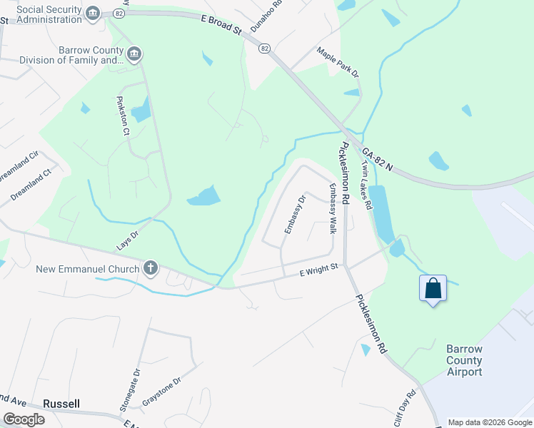 map of restaurants, bars, coffee shops, grocery stores, and more near 603 Embassy Walk in Winder