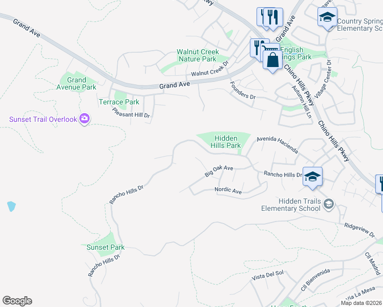 map of restaurants, bars, coffee shops, grocery stores, and more near 1827 Rancho Hills Drive in Chino Hills