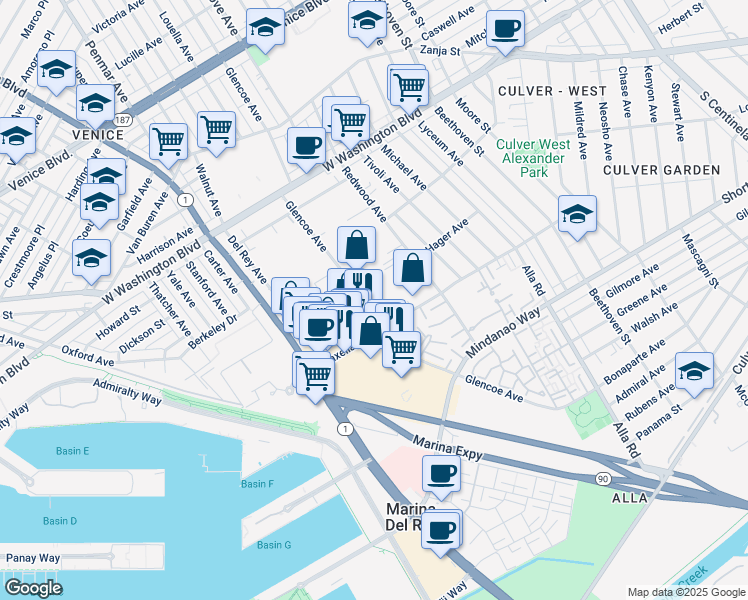 map of restaurants, bars, coffee shops, grocery stores, and more near 4212 1/2 Glencoe Avenue in Marina del Rey
