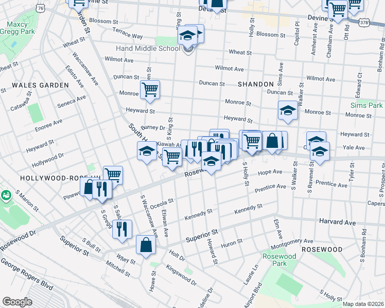 map of restaurants, bars, coffee shops, grocery stores, and more near 2714 Kiawah Avenue in Columbia