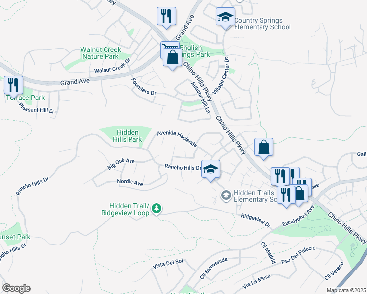 map of restaurants, bars, coffee shops, grocery stores, and more near 14560 Flagstone Court in Chino Hills