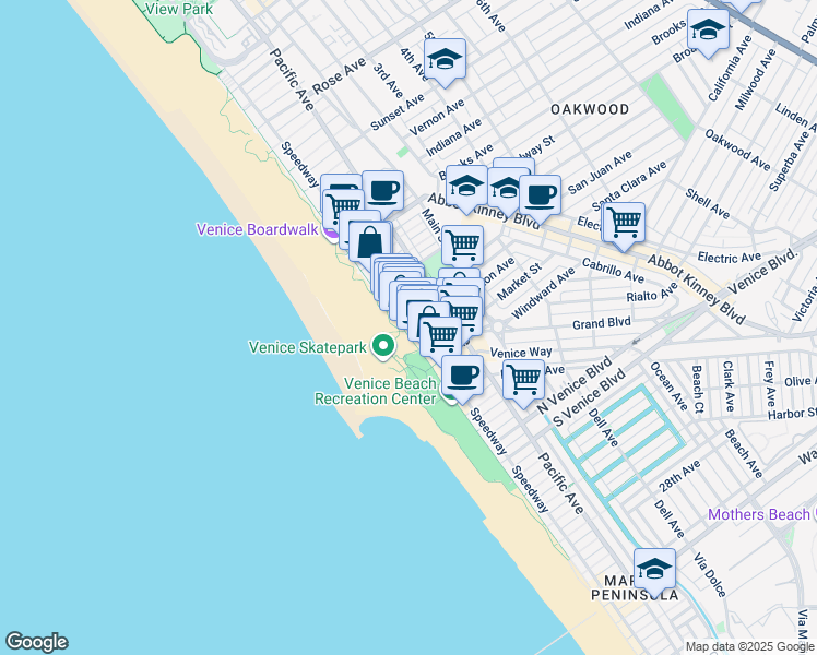 map of restaurants, bars, coffee shops, grocery stores, and more near 1305 Speedway in Los Angeles