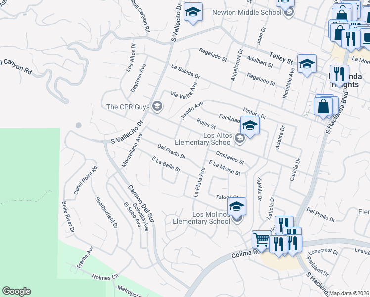 map of restaurants, bars, coffee shops, grocery stores, and more near 2842 Pietro Drive in Hacienda Heights