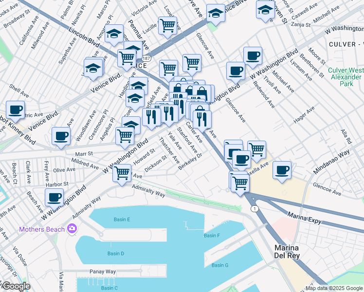 map of restaurants, bars, coffee shops, grocery stores, and more near 3100 Yale Avenue in Marina del Rey