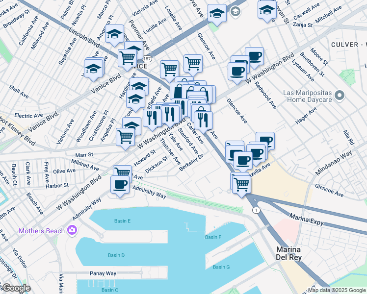 map of restaurants, bars, coffee shops, grocery stores, and more near 3100 Yale Avenue in Marina del Rey