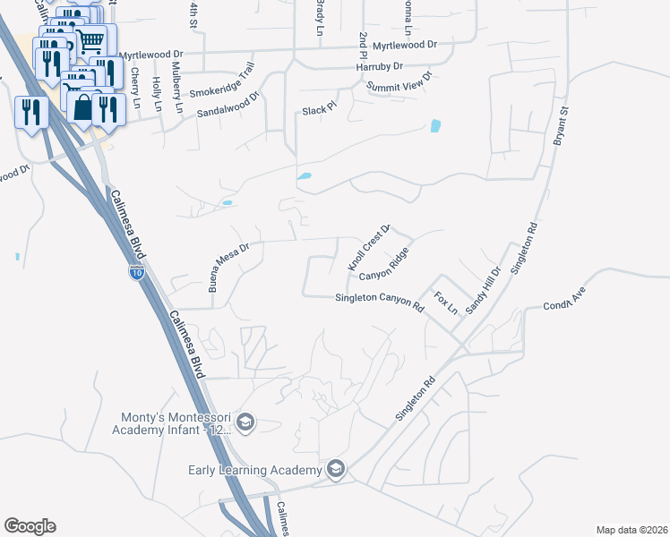 map of restaurants, bars, coffee shops, grocery stores, and more near 832 Hilltop Court in Calimesa