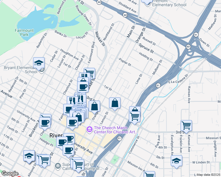 map of restaurants, bars, coffee shops, grocery stores, and more near 3750 University Avenue in Riverside