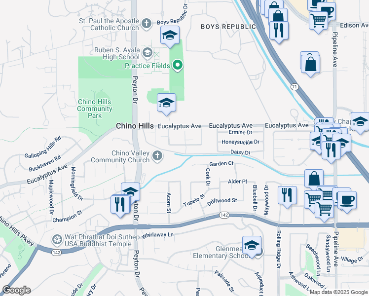 map of restaurants, bars, coffee shops, grocery stores, and more near 3499 Honeysuckle Avenue in Chino Hills