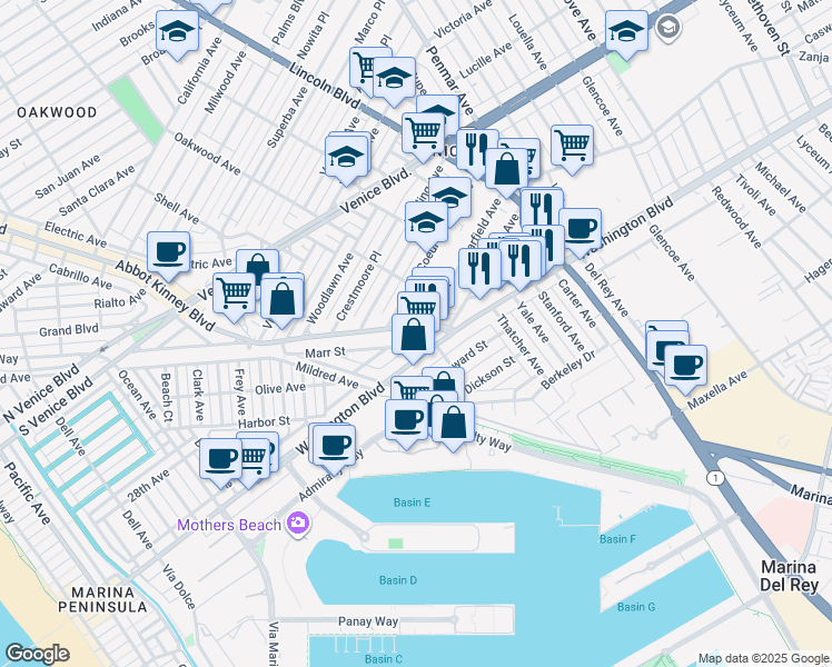 map of restaurants, bars, coffee shops, grocery stores, and more near 2727 Abbot Kinney Boulevard in Los Angeles