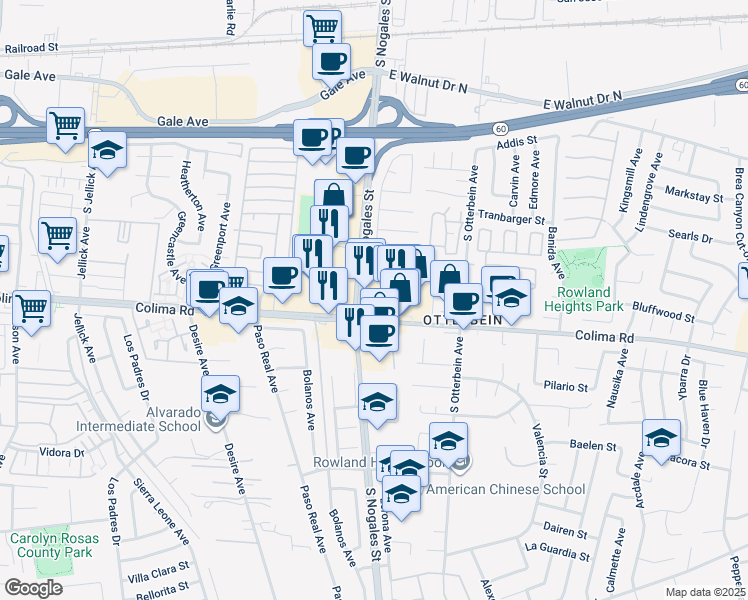 map of restaurants, bars, coffee shops, grocery stores, and more near 19035 Colima Road in Rowland Heights