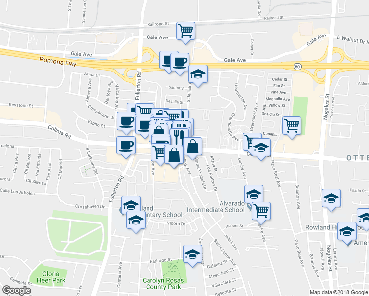 map of restaurants, bars, coffee shops, grocery stores, and more near Colima Road in Rowland Heights
