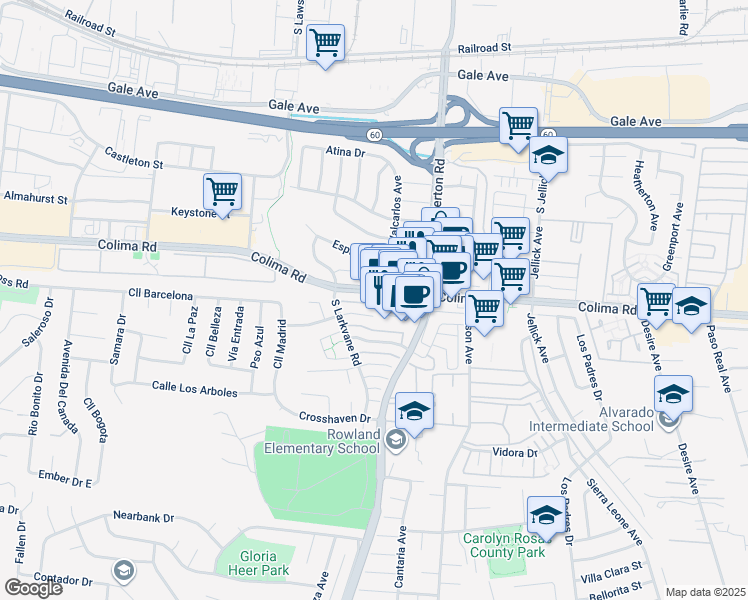 map of restaurants, bars, coffee shops, grocery stores, and more near 18184 Colima Road in Rowland Heights