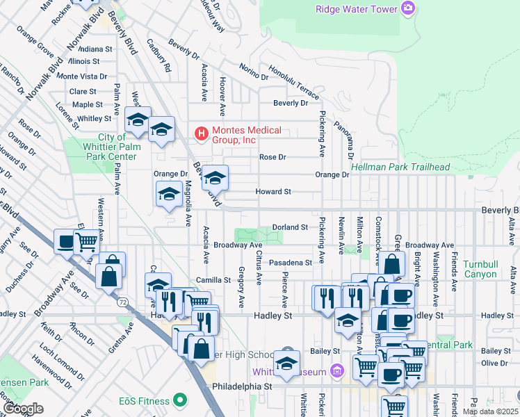 map of restaurants, bars, coffee shops, grocery stores, and more near 12313 Beverly Boulevard in Whittier