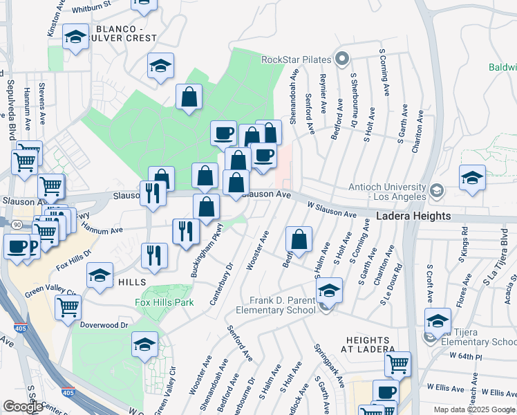map of restaurants, bars, coffee shops, grocery stores, and more near 5629 Canterbury Drive in Culver City