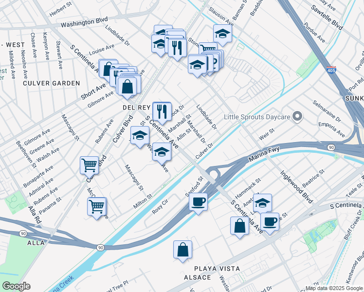 map of restaurants, bars, coffee shops, grocery stores, and more near 4904 South Centinela Avenue in Los Angeles