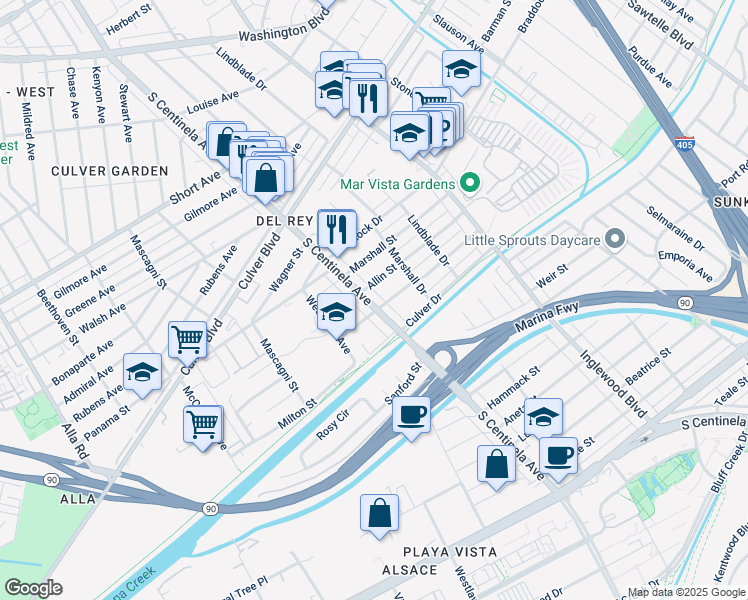 map of restaurants, bars, coffee shops, grocery stores, and more near 4904 South Centinela Avenue in Los Angeles