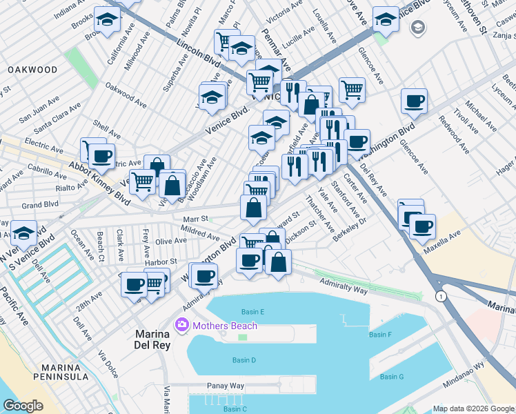 map of restaurants, bars, coffee shops, grocery stores, and more near 2724 Abbot Kinney Boulevard in Los Angeles