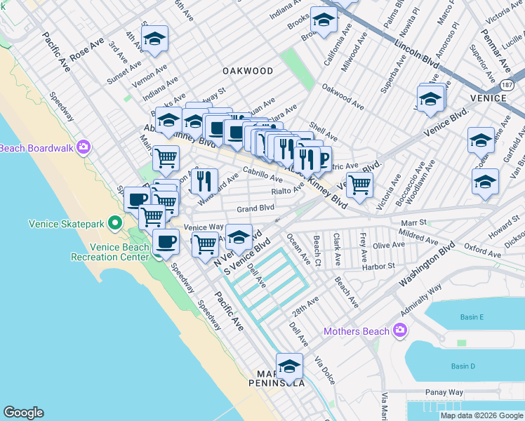 map of restaurants, bars, coffee shops, grocery stores, and more near 505 Grand Boulevard in Los Angeles
