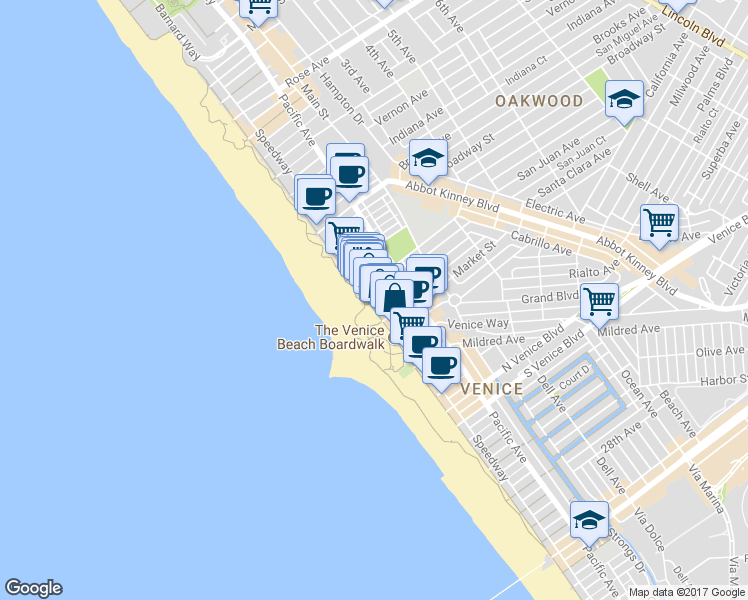 map of restaurants, bars, coffee shops, grocery stores, and more near 1305 Speedway in Los Angeles