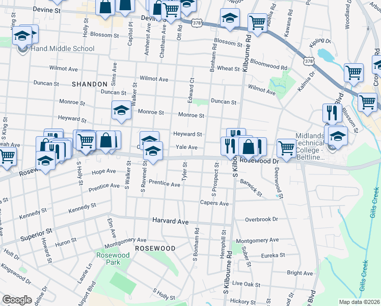 map of restaurants, bars, coffee shops, grocery stores, and more near 3422 Yale Avenue in Columbia