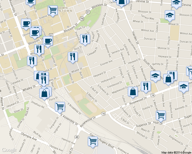 map of restaurants, bars, coffee shops, grocery stores, and more near 1612 Heyward Street in Columbia