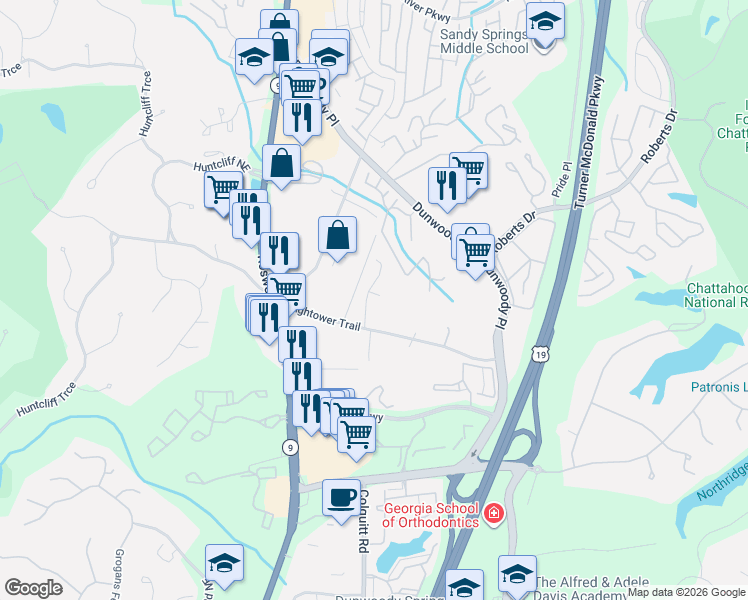 map of restaurants, bars, coffee shops, grocery stores, and more near 450 Forestgate Court in Atlanta