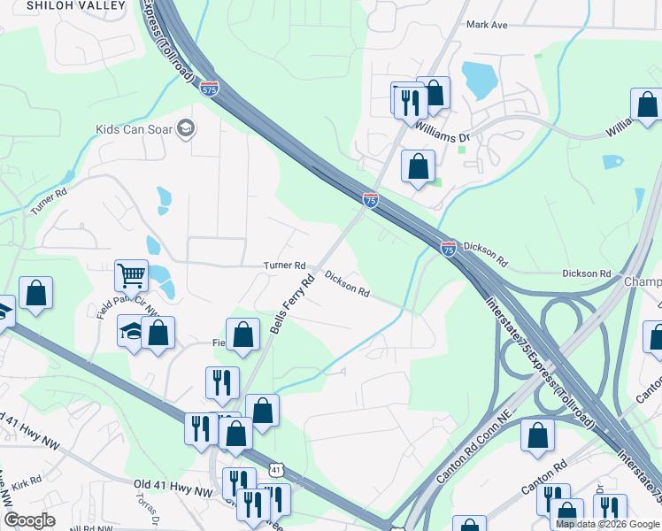 map of restaurants, bars, coffee shops, grocery stores, and more near 1521 Bells Ferry Road in Marietta