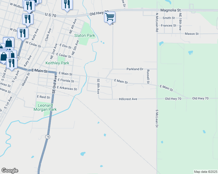 map of restaurants, bars, coffee shops, grocery stores, and more near 810 East Florida Street in Durant