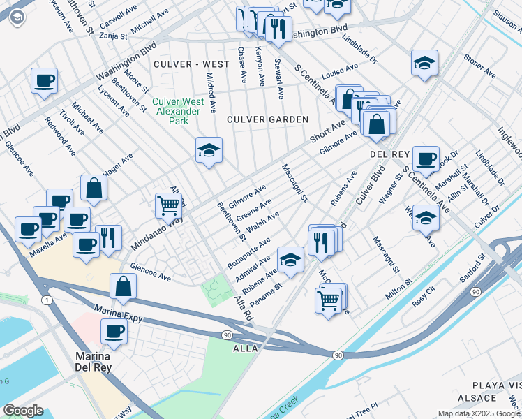 map of restaurants, bars, coffee shops, grocery stores, and more near 12812 Greene Avenue in Los Angeles