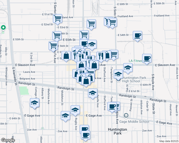 map of restaurants, bars, coffee shops, grocery stores, and more near 5962 Pacific Boulevard in Huntington Park