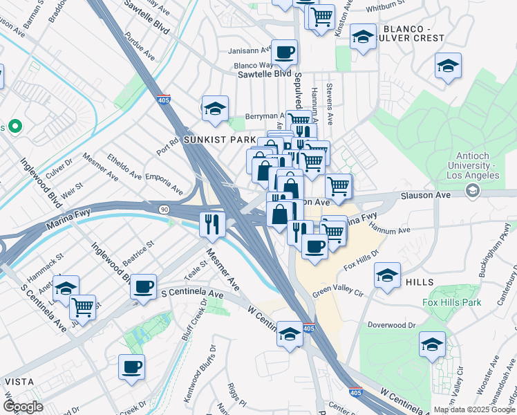 map of restaurants, bars, coffee shops, grocery stores, and more near in Culver City