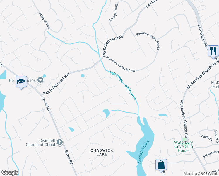 map of restaurants, bars, coffee shops, grocery stores, and more near 1840 Eagle's Ridge Court in Lawrenceville