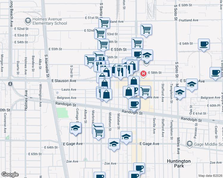 map of restaurants, bars, coffee shops, grocery stores, and more near 5936 Middleton Street in Huntington Park