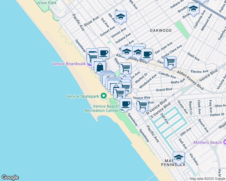 map of restaurants, bars, coffee shops, grocery stores, and more near Speedway & Horizon Ave in Los Angeles