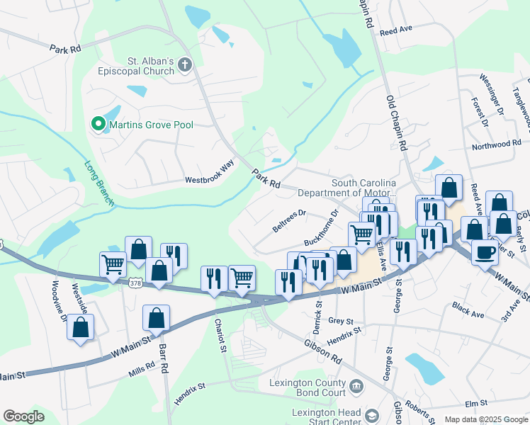 map of restaurants, bars, coffee shops, grocery stores, and more near 200 Westbrook Way in Lexington