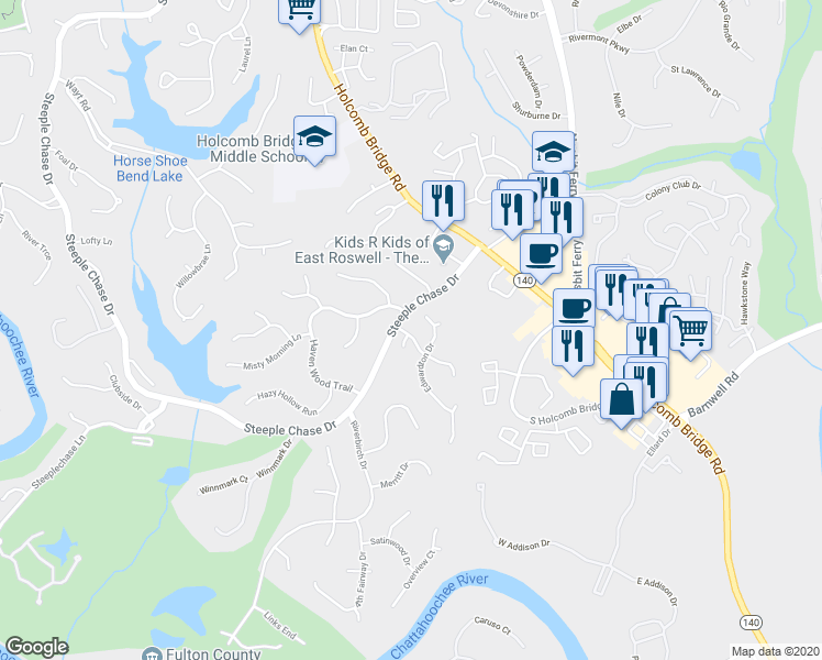 map of restaurants, bars, coffee shops, grocery stores, and more near 710 Glen Royal Drive in Roswell