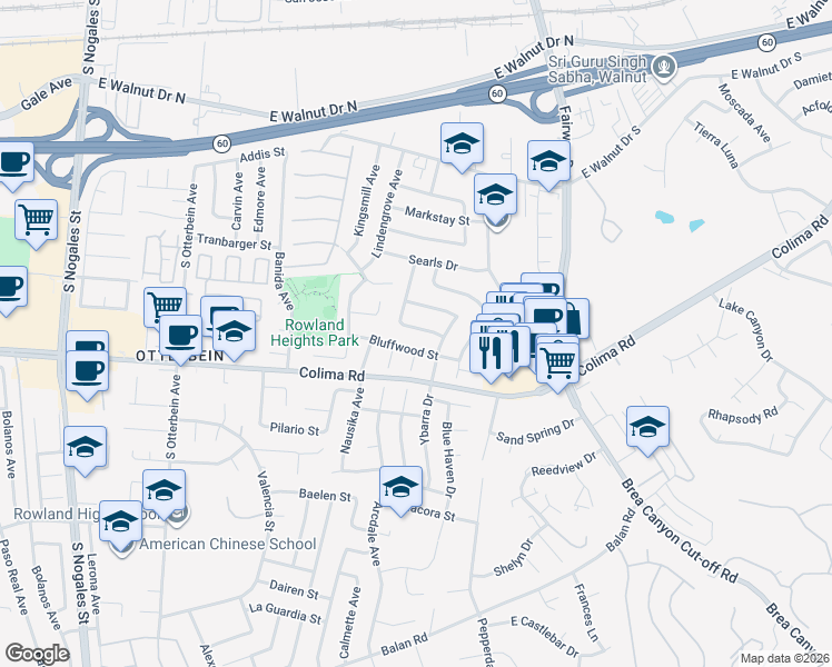 map of restaurants, bars, coffee shops, grocery stores, and more near 19524 Gravina Street in Rowland Heights