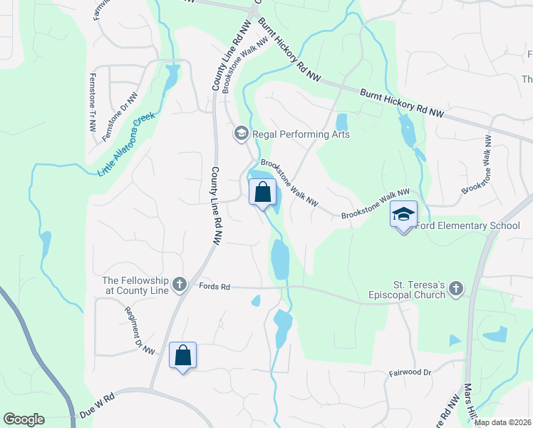 map of restaurants, bars, coffee shops, grocery stores, and more near 1507 Downington Run Northwest in Acworth