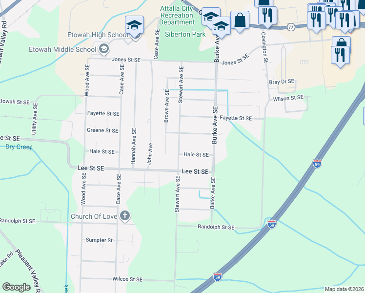 map of restaurants, bars, coffee shops, grocery stores, and more near 600 Stewart Avenue Southeast in Attalla