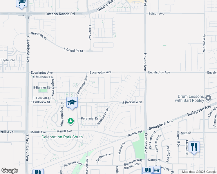 map of restaurants, bars, coffee shops, grocery stores, and more near 4711 South Solstice Avenue in Ontario