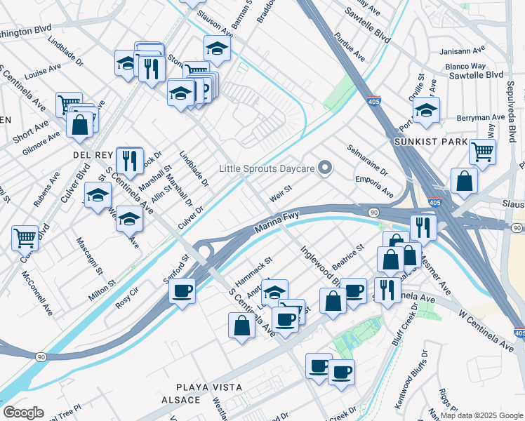 map of restaurants, bars, coffee shops, grocery stores, and more near 5183 Inglewood Boulevard in Culver City