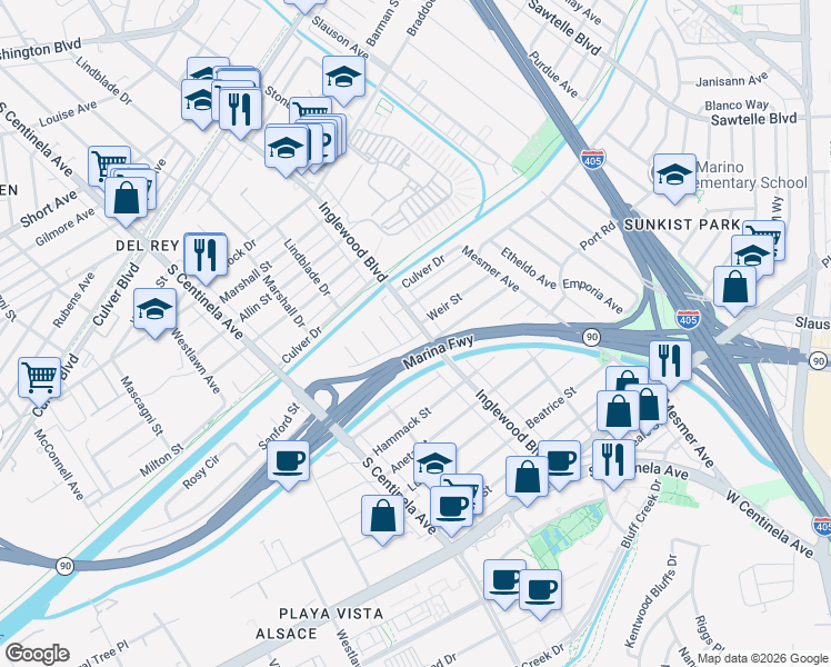 map of restaurants, bars, coffee shops, grocery stores, and more near 5183 Inglewood Boulevard in Culver City