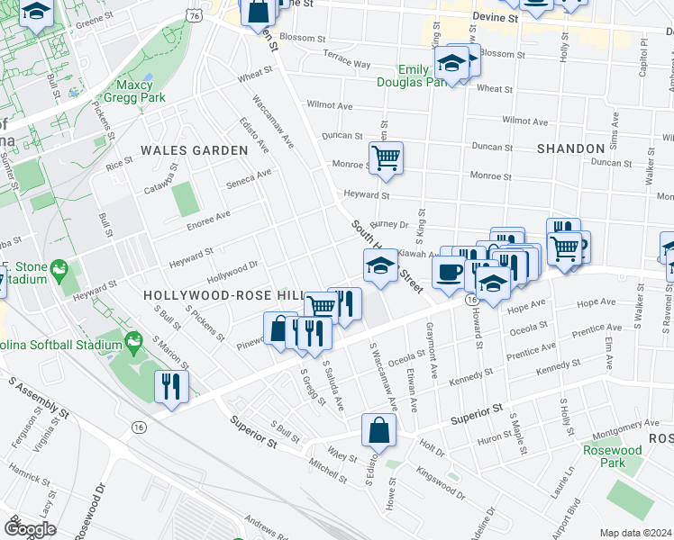 map of restaurants, bars, coffee shops, grocery stores, and more near 227 South Waccamaw Avenue in Columbia