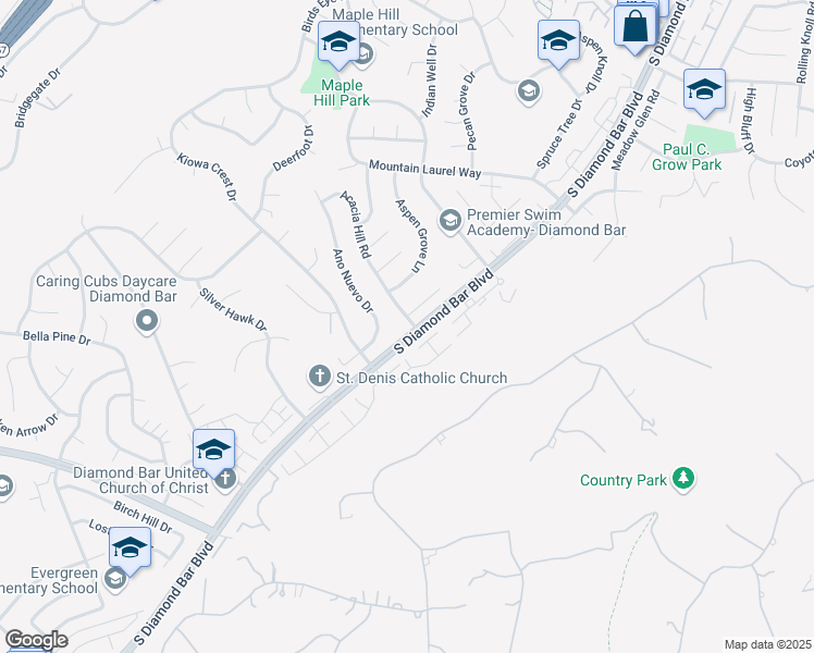 map of restaurants, bars, coffee shops, grocery stores, and more near 1871 Acacia Hill Road in Diamond Bar