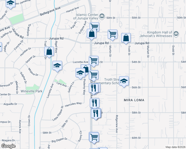 map of restaurants, bars, coffee shops, grocery stores, and more near 5504 Etiwanda Avenue in Jurupa Valley
