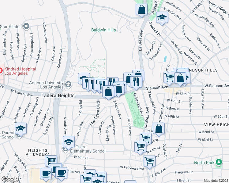 map of restaurants, bars, coffee shops, grocery stores, and more near 4847 West Slauson Avenue in View Park-Windsor Hills
