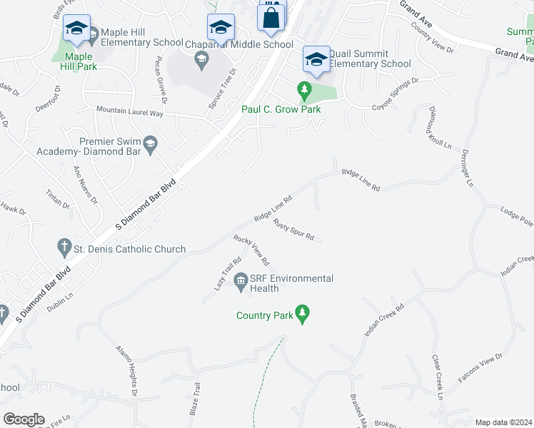 map of restaurants, bars, coffee shops, grocery stores, and more near Ridge Line Road in Diamond Bar