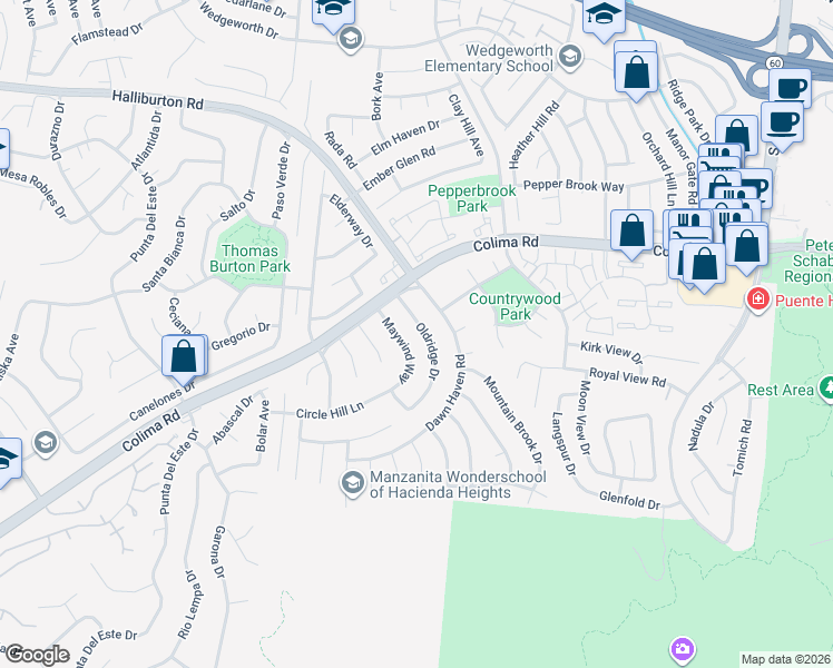 map of restaurants, bars, coffee shops, grocery stores, and more near 2238 Oldridge Drive in Hacienda Heights
