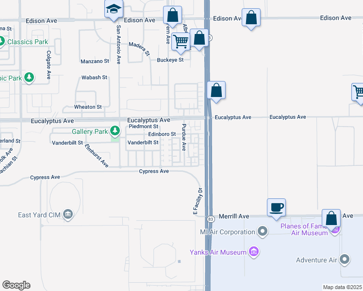 map of restaurants, bars, coffee shops, grocery stores, and more near 14560 Purdue Avenue in Chino