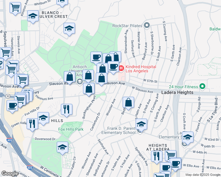 map of restaurants, bars, coffee shops, grocery stores, and more near 5719 Canterbury Drive in Culver City